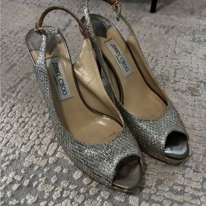 Jimmy Choo Silver Glitter Peep-Toe Slingback Heels